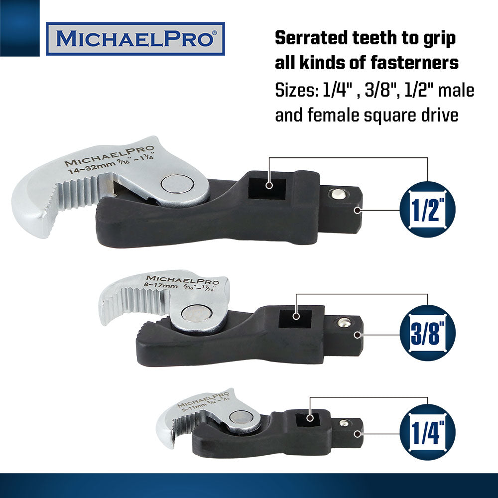 3-Piece Spring-Loaded Auto Size Adjusting Crowfoot Wrench Set (MP001205)