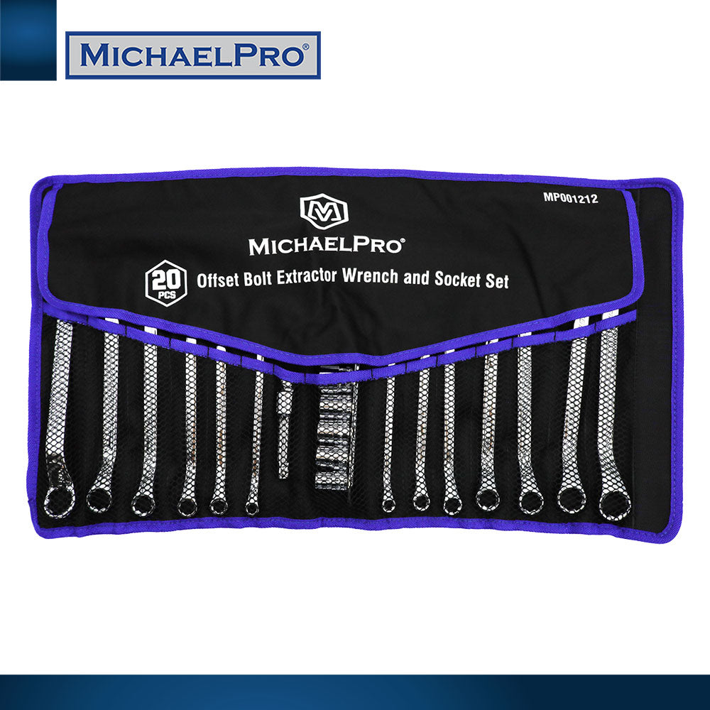 19-Piece Bolt Extractor Offset Wrenches and Cushion Grip Sockets Set in Standard SAE & Metric Sizes (MP001212)