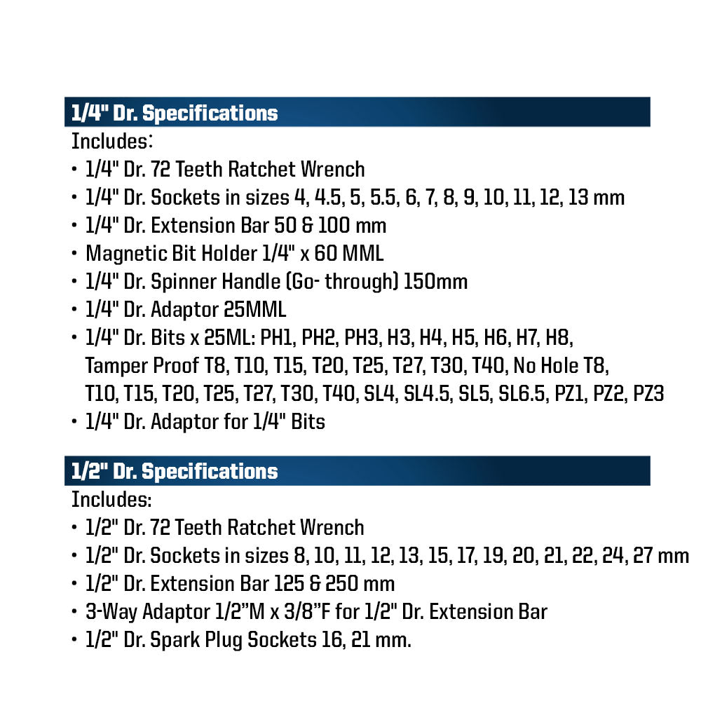 70-Piece 1/4 Inch & 1/2 Inch Dr. 72T Socket Set, Metric With Storage Case(MP005010)