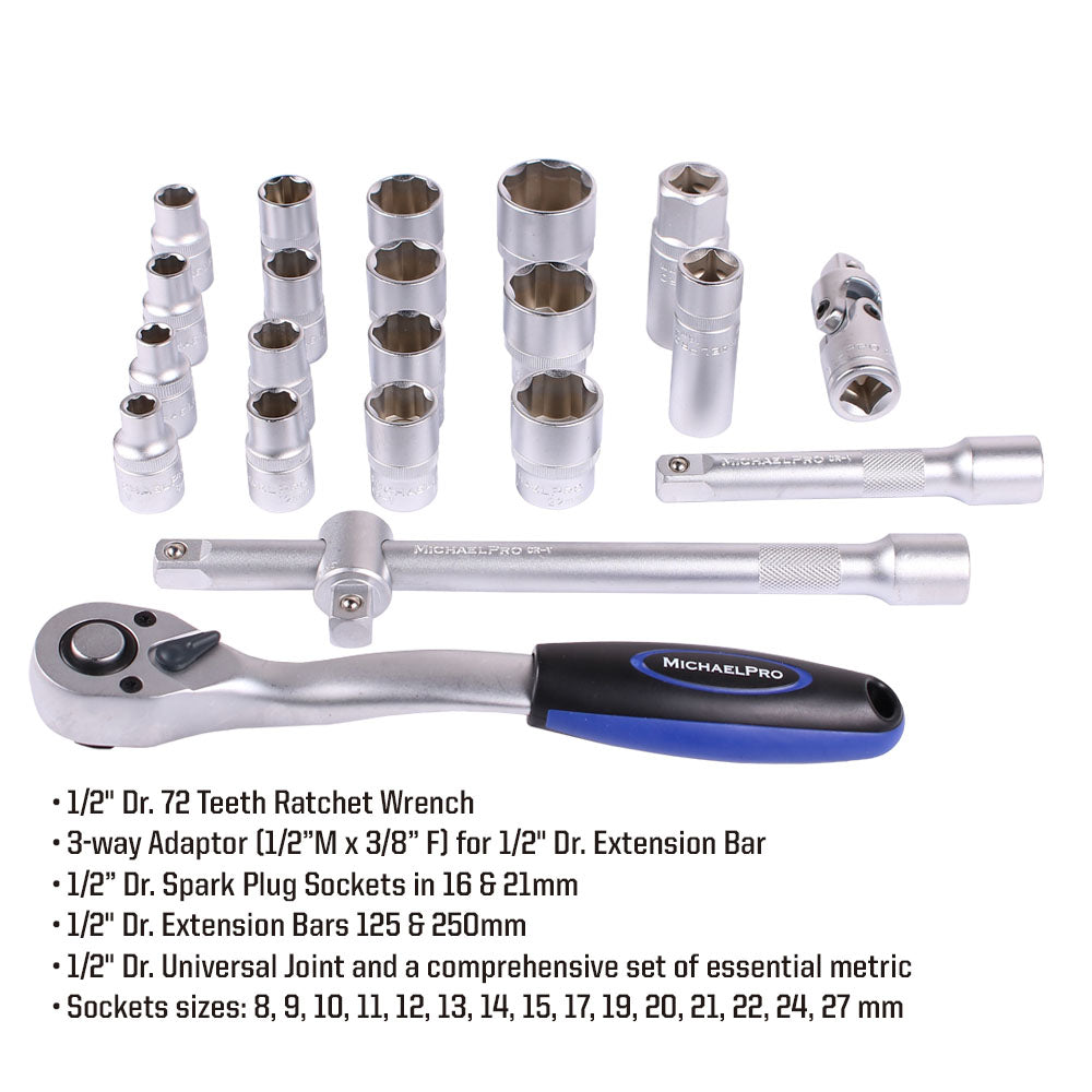 22 Piece 1/2 Inch Dr. 72T Ratchet Wrench Socket Set(MP005011)