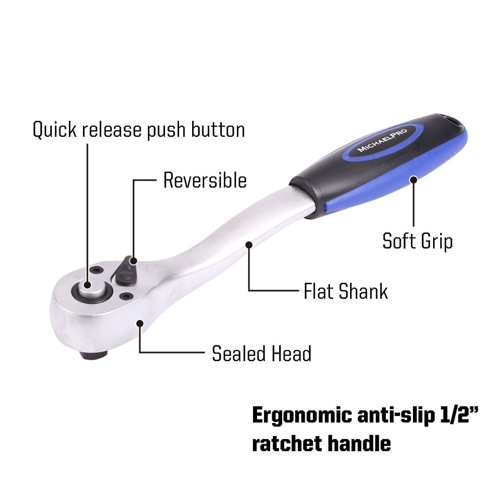 47 Piece 1/4 & 3/8 Inch Dr. 72T Ratchet Wrench Socket Set With Storage Case(MP005012)