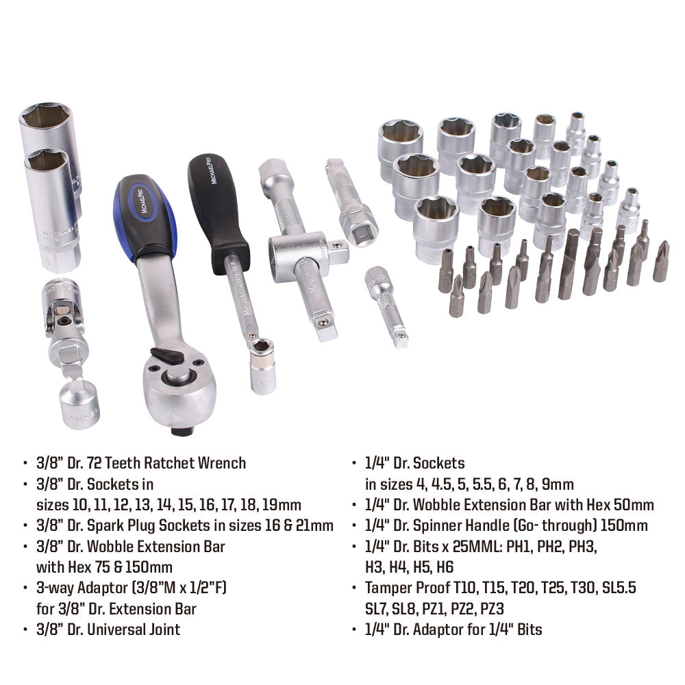 47 Piece 1/4 & 3/8 Inch Dr. 72T Ratchet Wrench Socket Set With Storage Case(MP005012)
