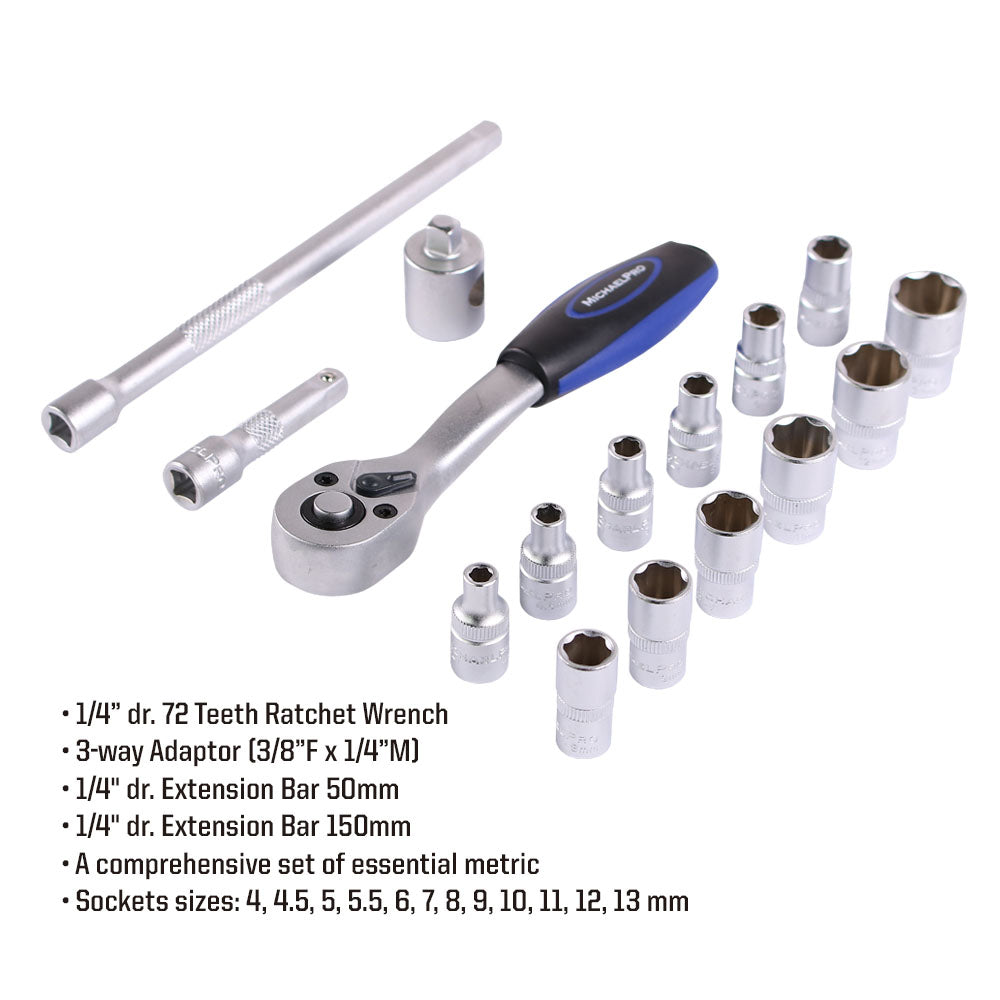 16 Piece 1/4 Inch Dr. 72T Ratchet Wrench Socket Set, Metric Sizes with Storage Case(MP005013)