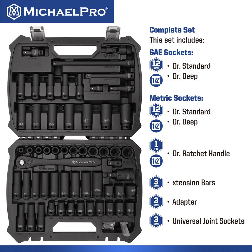 60-Piece 1/2"Drive Impact Socket Set in Standard SAE & Metric Sizes (MP005034)