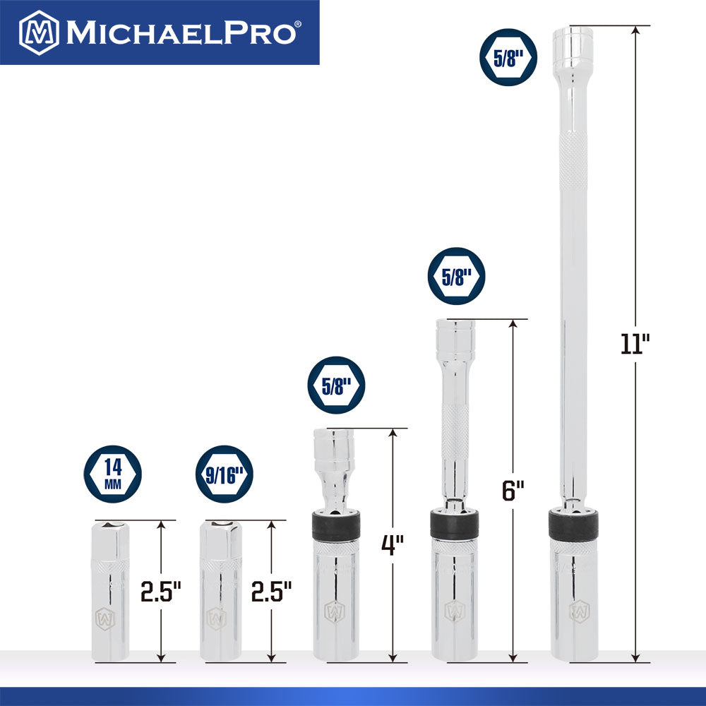 5-Piece 3/8" Drive Magnetic Swivel Spark Plug Socket Set with Foam Tray (MP005043)