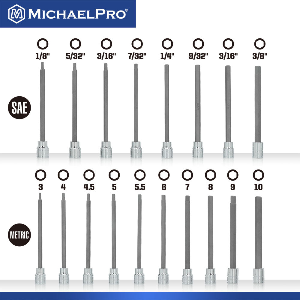 18-Piece 3/8”Drive 6-Inches Long Hex Bit Socket Set in Standard SAE & Metric Sizes (MP012020)