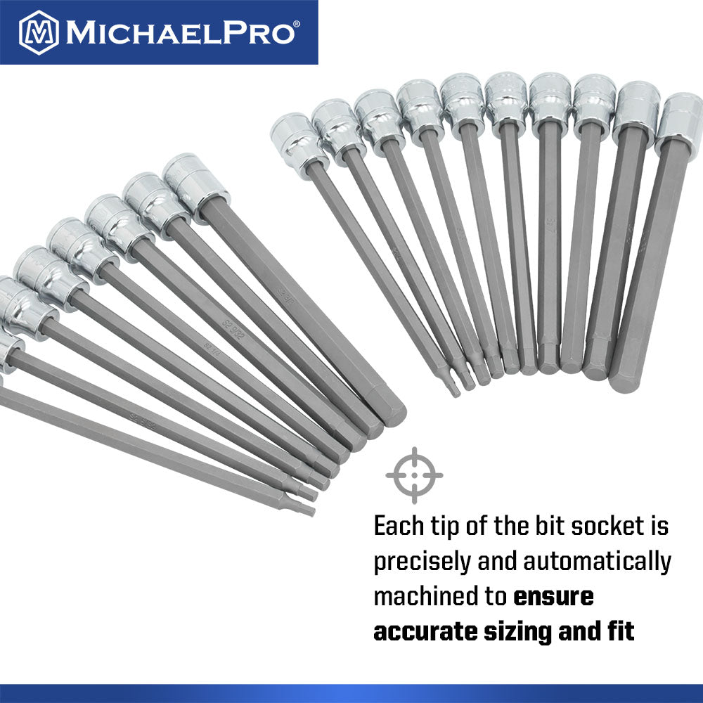 18-Piece 3/8”Drive 6-Inches Long Hex Bit Socket Set in Standard SAE & Metric Sizes (MP012020)