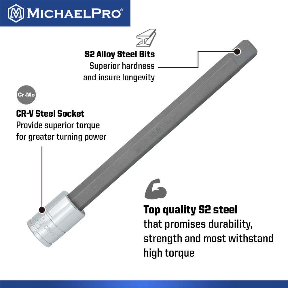 18-Piece 3/8”Drive 6-Inches Long Hex Bit Socket Set in Standard SAE & Metric Sizes (MP012020)