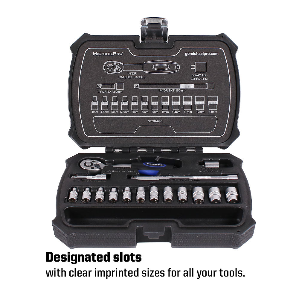 16 Piece 1/4 Inch Dr. 72T Ratchet Wrench Socket Set, Metric Sizes with Storage Case(MP005013)