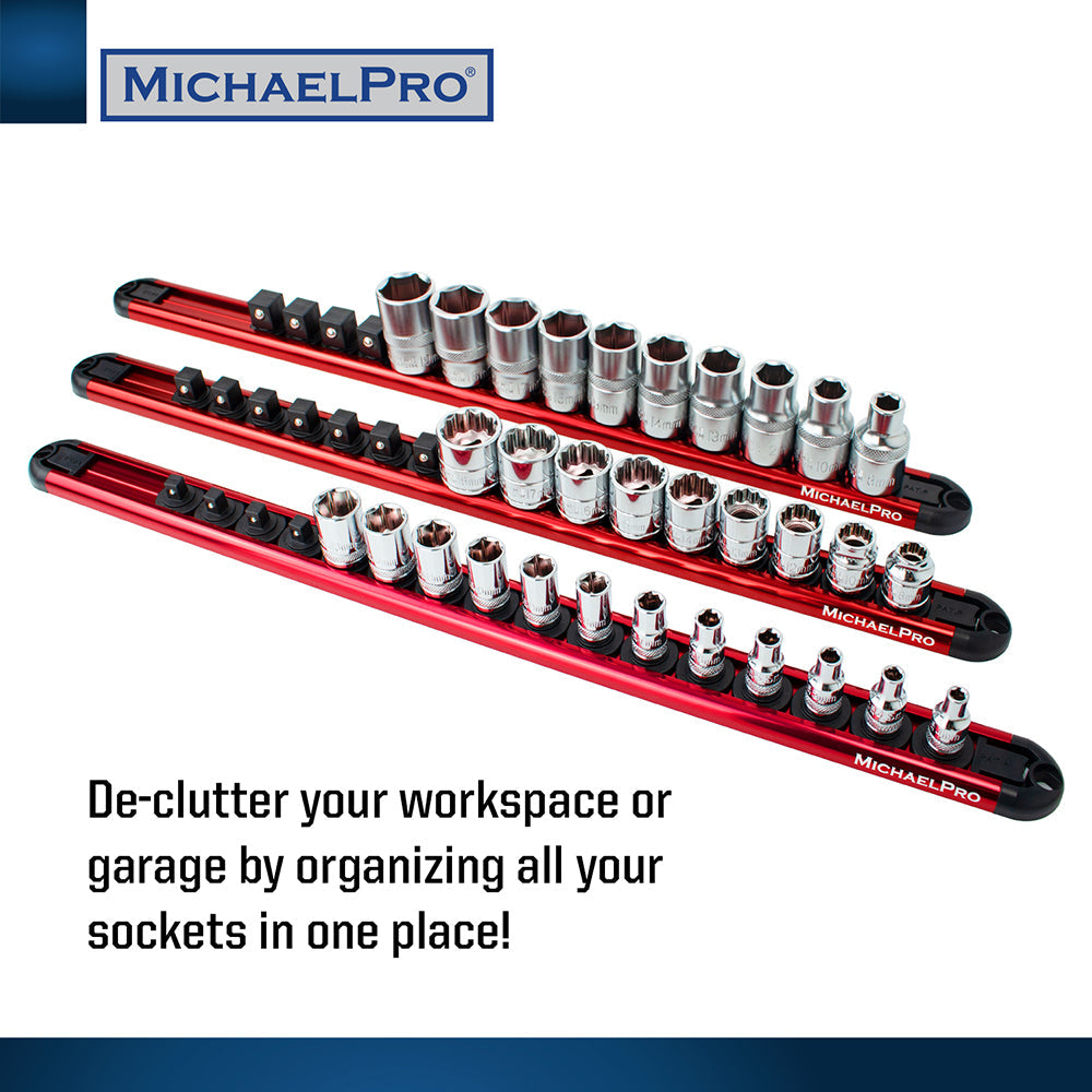 3-Piece Aluminum Socket Organizer Rail Set- 1/4", 3/8", and 1/2" (MP014001)